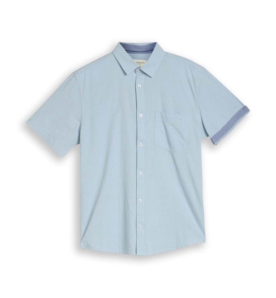 Chemise en coton à manches courtes, coupe régulière - Light Blue Dot Structure