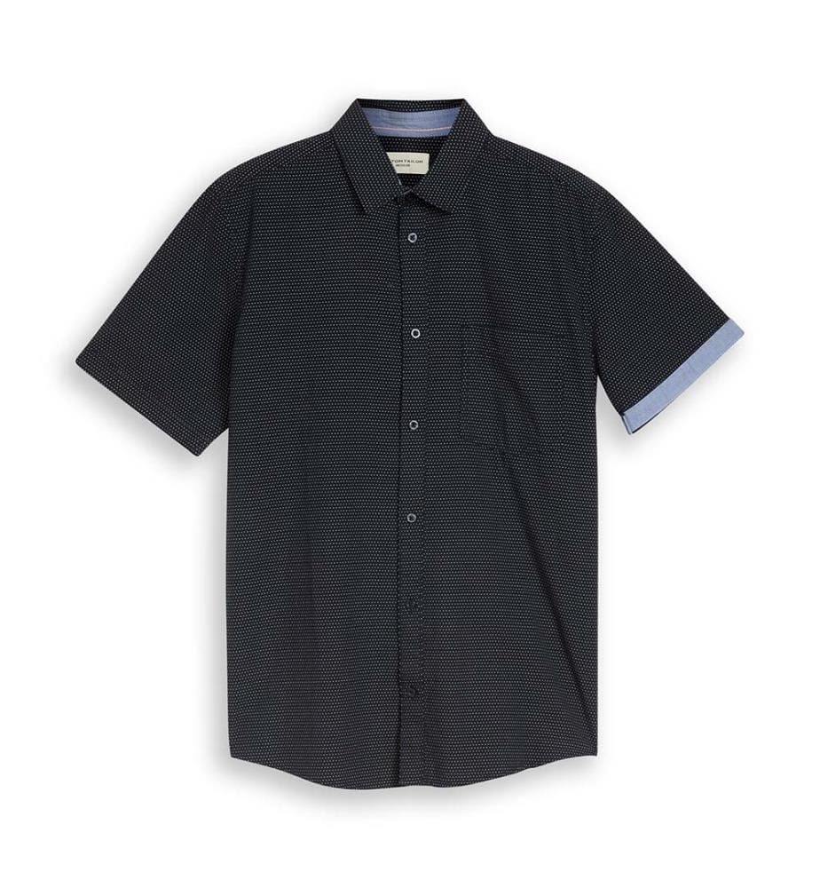 Chemise en coton à manches courtes, coupe régulière - Structure à pois bleu marine