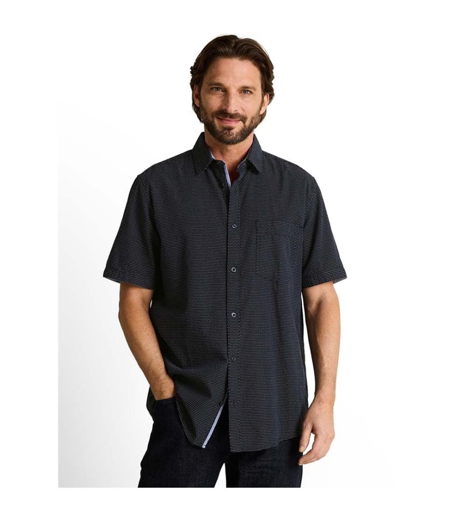 Chemise en coton à manches courtes, coupe régulière - Structure à pois bleu marine