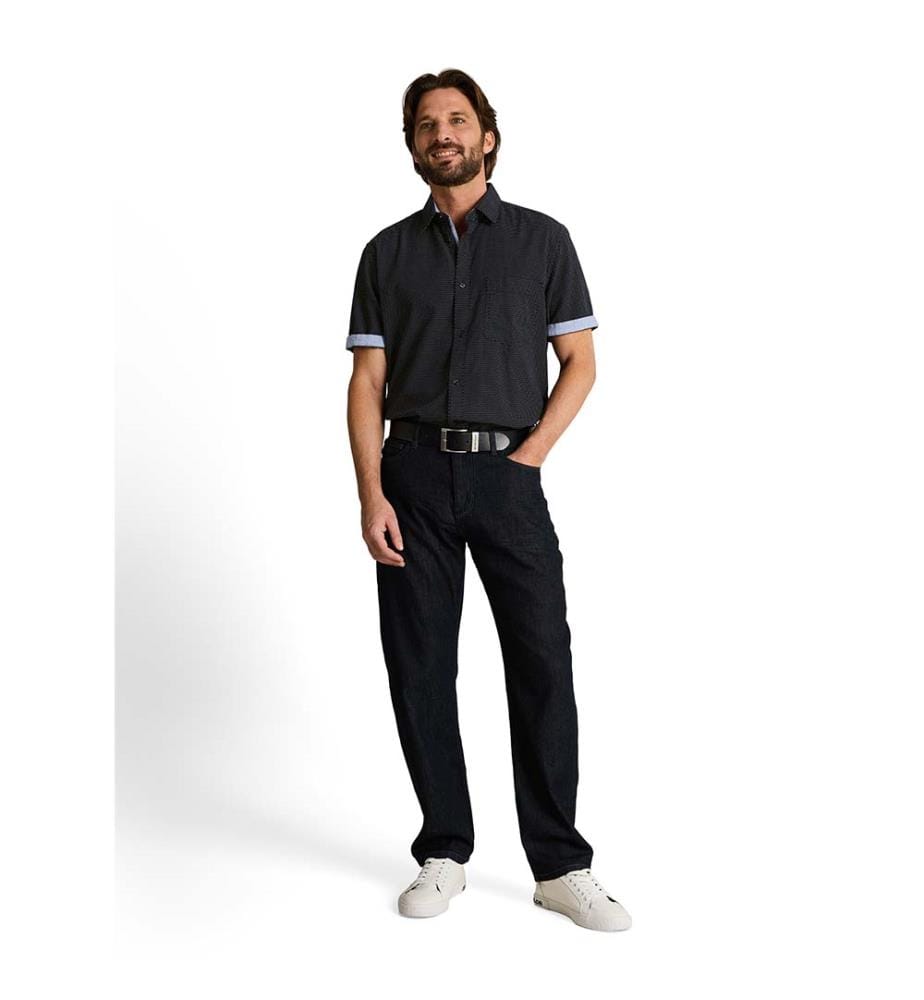 Chemise en coton à manches courtes, coupe régulière - Structure à pois bleu marine