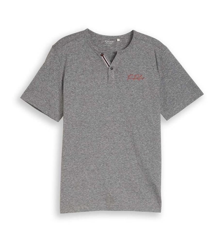 T-shirt Henley à fines rayures - Blanc Tarmac Gris Fines Rayures