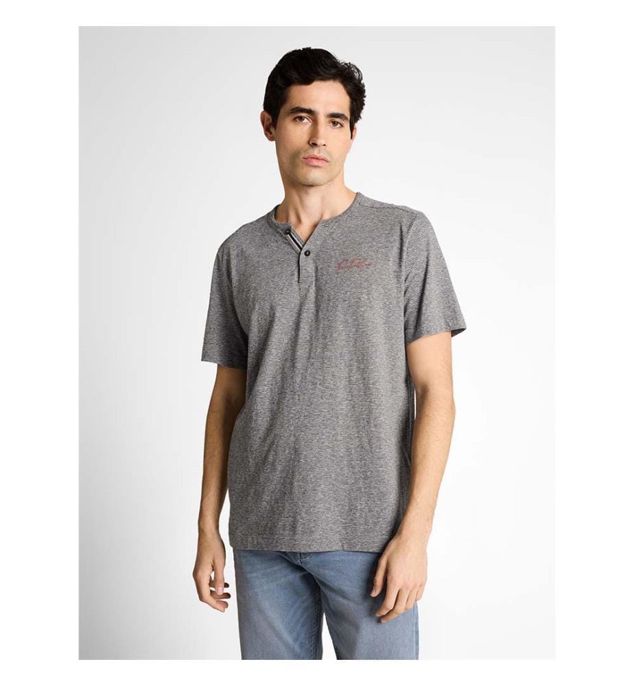 T-shirt Henley à fines rayures - Blanc Tarmac Gris Fines Rayures