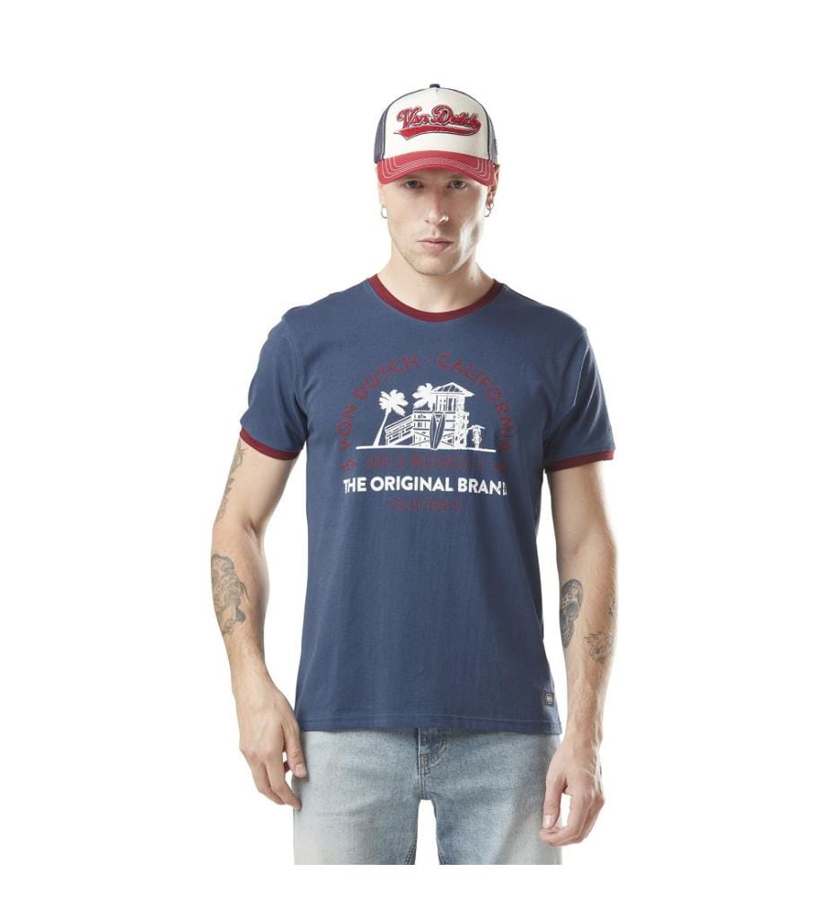 T-Shirt Col Rond Stretch avec Print et Col Contrasté Surf - Bleu Marine