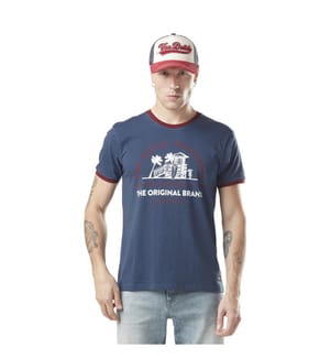 T-Shirt Col Rond Stretch avec Print et Col Contrasté Surf - Bleu Marine