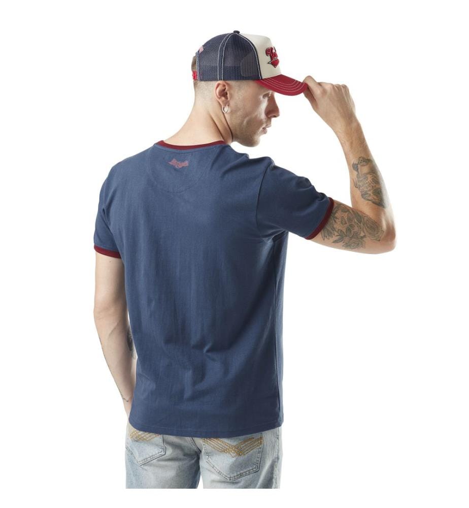 T-Shirt Col Rond Stretch avec Print et Col Contrasté Surf - Bleu Marine