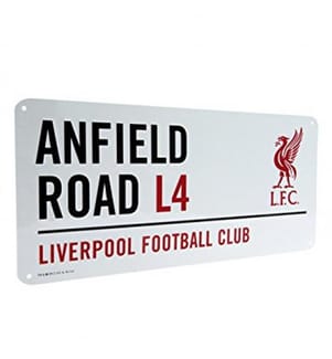 Liverpool FC Metallschild mit offiziellem Clubwappen und Stadionadresse