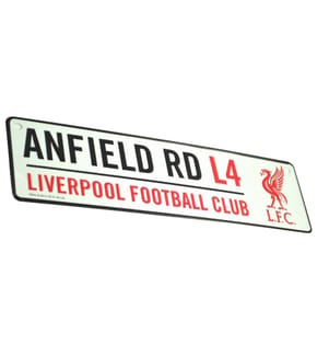 Liverpool FC Metallschild mit offiziellem Clubwappen und Stadionadresse