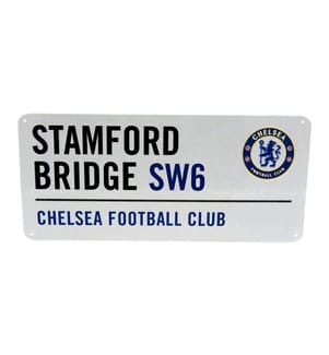 Chelsea FC Metallschild mit offiziellem Clubwappen und Stadionadresse