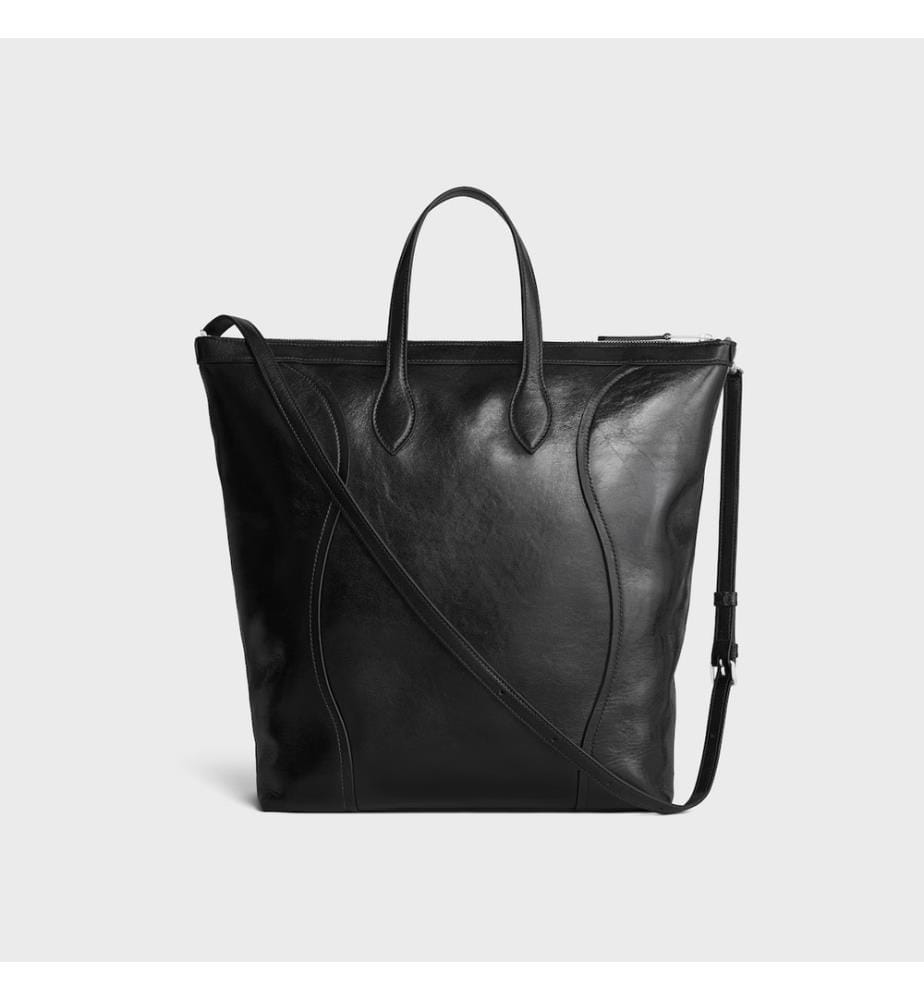 Vertical Shopping Bag in shiny calf leather - Black