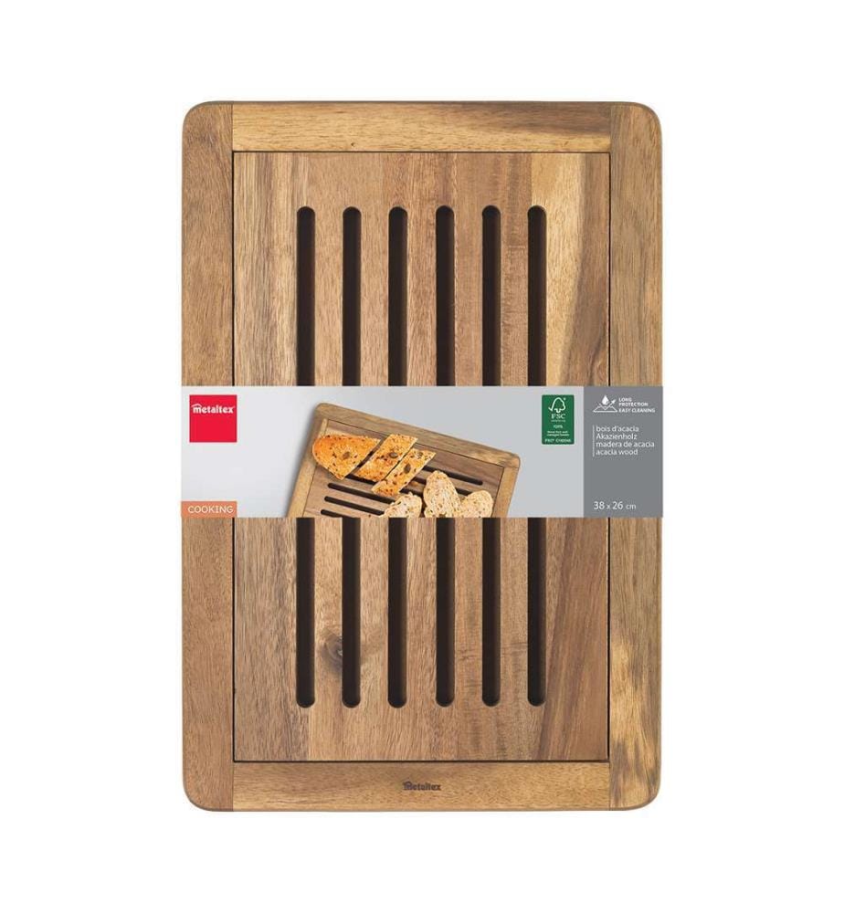 Planche à découper pain bois d'acacia FSC avec ramasse-miettes - 38x26x2cm