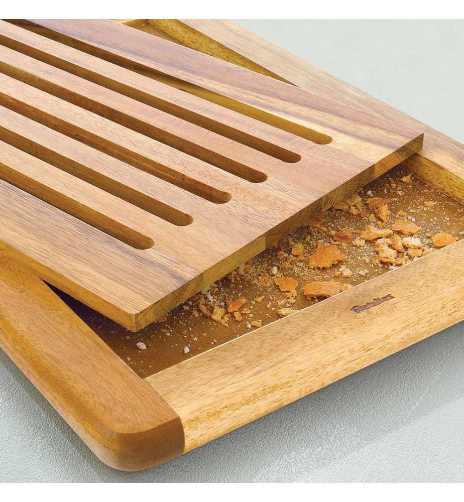 Planche à découper pain bois d'acacia FSC avec ramasse-miettes - 38x26x2cm