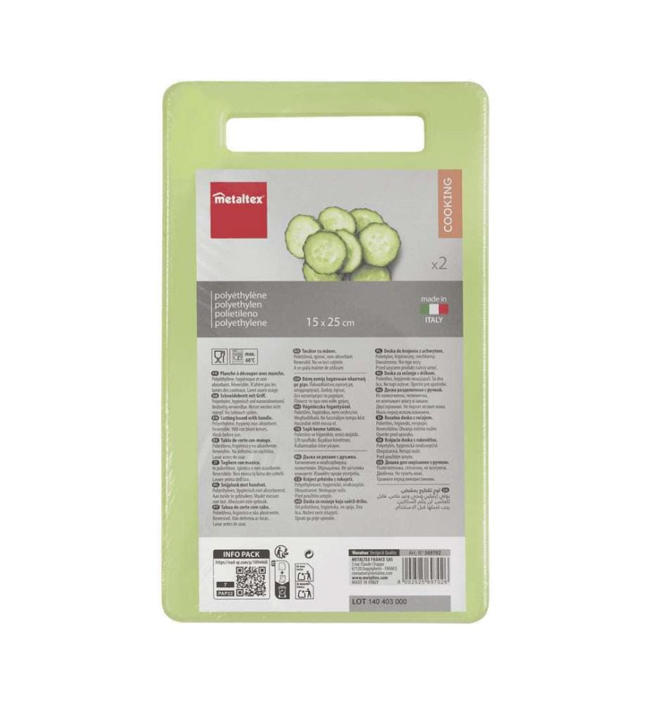 Lot 2 planches à découper plastique LDPE - 25x15cm - vert/orange/rouge
