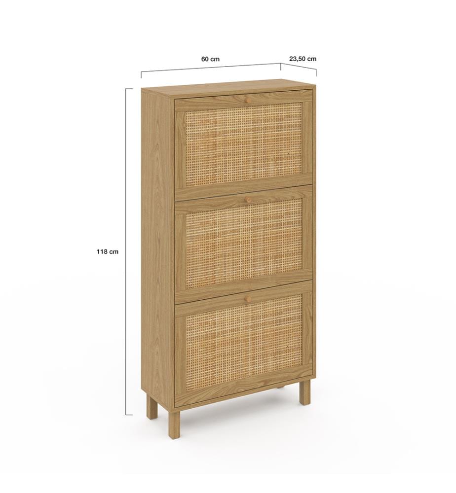 3-türiges Schuhmöbel aus Rohrgeflecht Erin - 18 Paar Schuhe - Braun