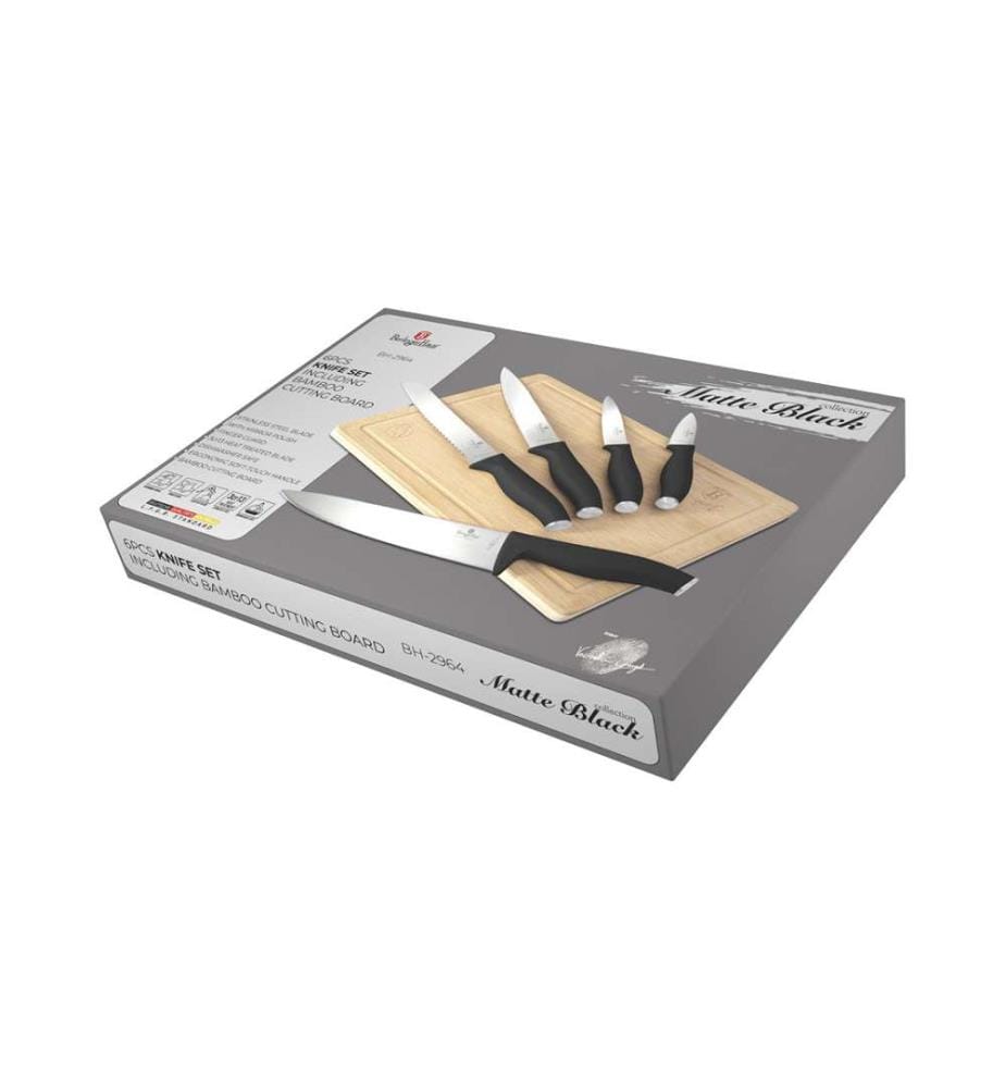 6-teiliges Messerset mit Bambus Schneidebrett, Matte Black Collection