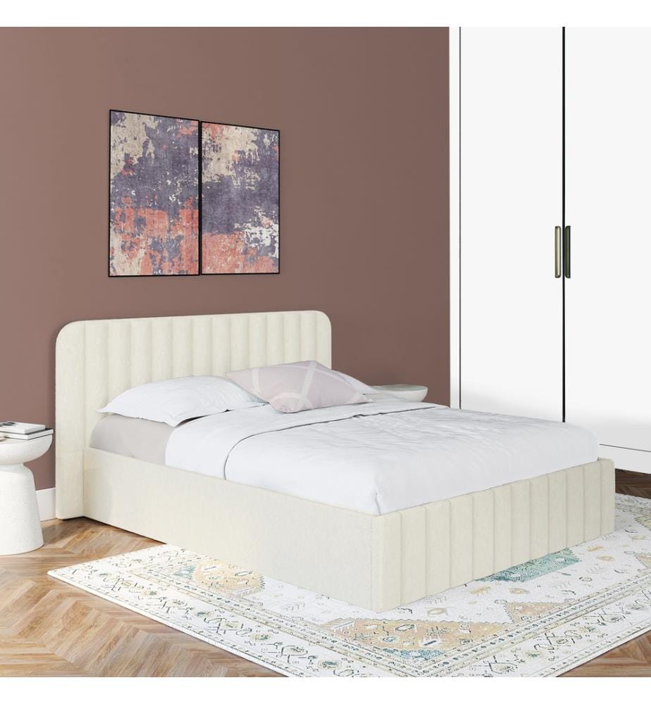 Bettkasten Valentina aus Bouclé-Stoff mit Lattenrost und Kopfteil 160x200cm - Weiss