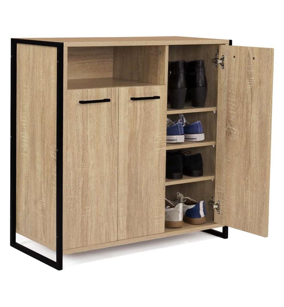 Industrielles Schuhmöbel Alan 3 Türen + Seitliche Nische - 18 Paar - 73.5 x 35 x 75 cm - Schwarz und Braun