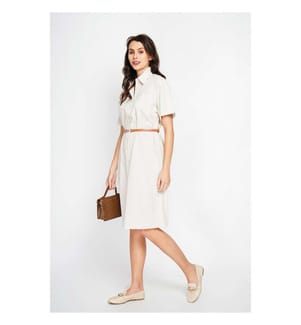 Langes gestreiftes Hemdkleid mit Knopfleiste und kurzen Ärmeln - Leinen