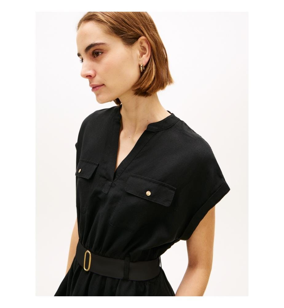 Robe Chemise Courte à Ceinture - Noir
