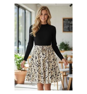 Abito a trapezio in maglia a coste nera con cintura e stampa patchwork - Nero