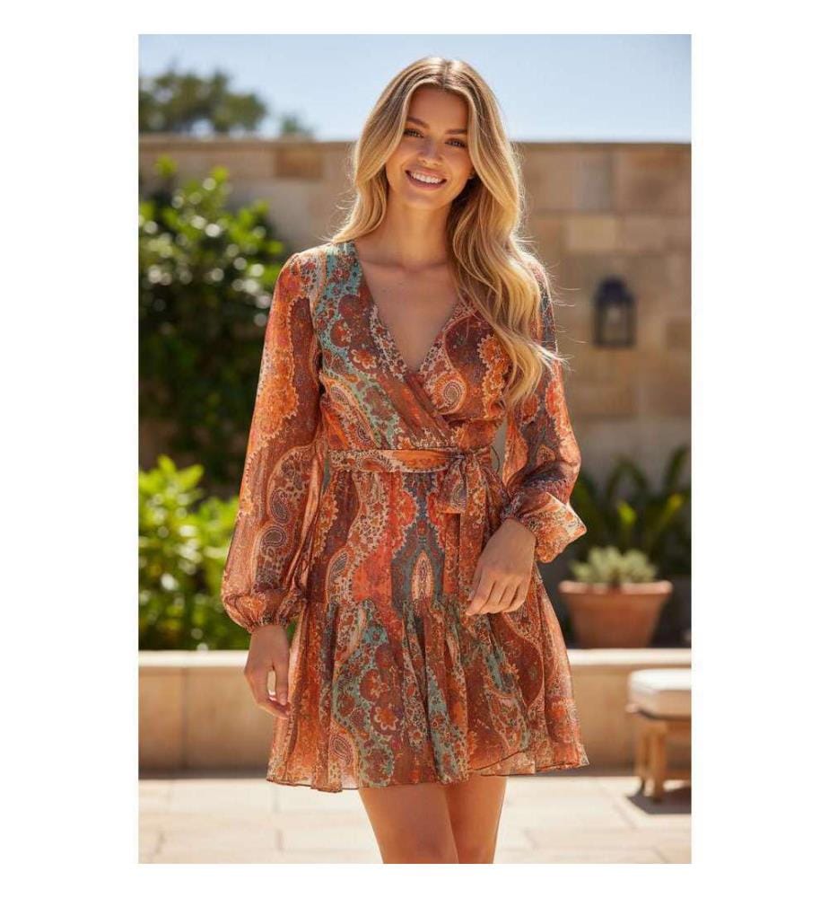 Mini abito bohémien stampato in cashmere arancione con maniche lunghe e cintura a pieghe - Arancione