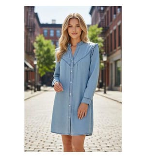 Abito dritto in jeans abbottonato con volant e scollo a V - Myosotis