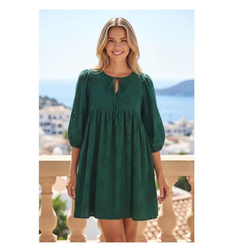 Abito corto a trapezio con manica a sbuffo e lunghezza 3/4 con ricamo a occhiello - Nero-verde
