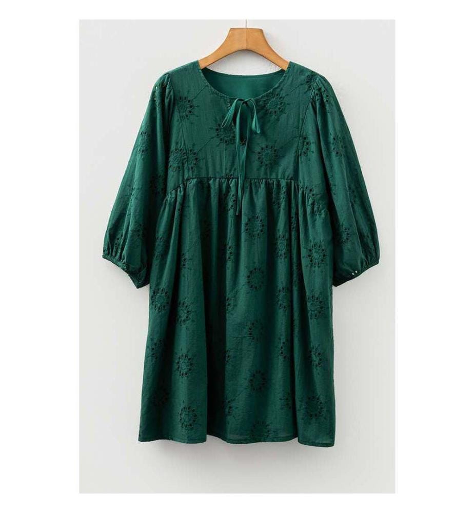 Abito corto a trapezio con manica a sbuffo e lunghezza 3/4 con ricamo a occhiello - Nero-verde
