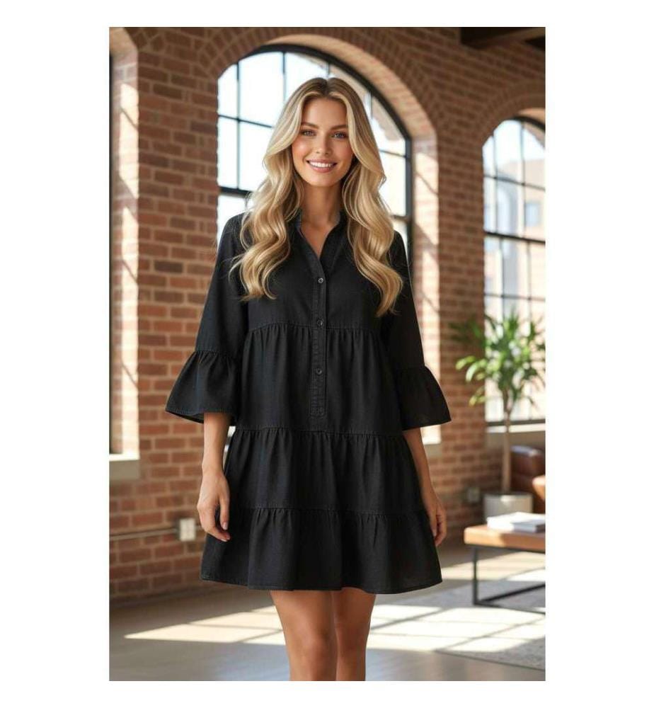 Schwarzer Chambray-Minikleid mit Rüschen und 3/4-Ärmeln Mehrstufig Mit Gespaltenem V-Ausschnitt - Black