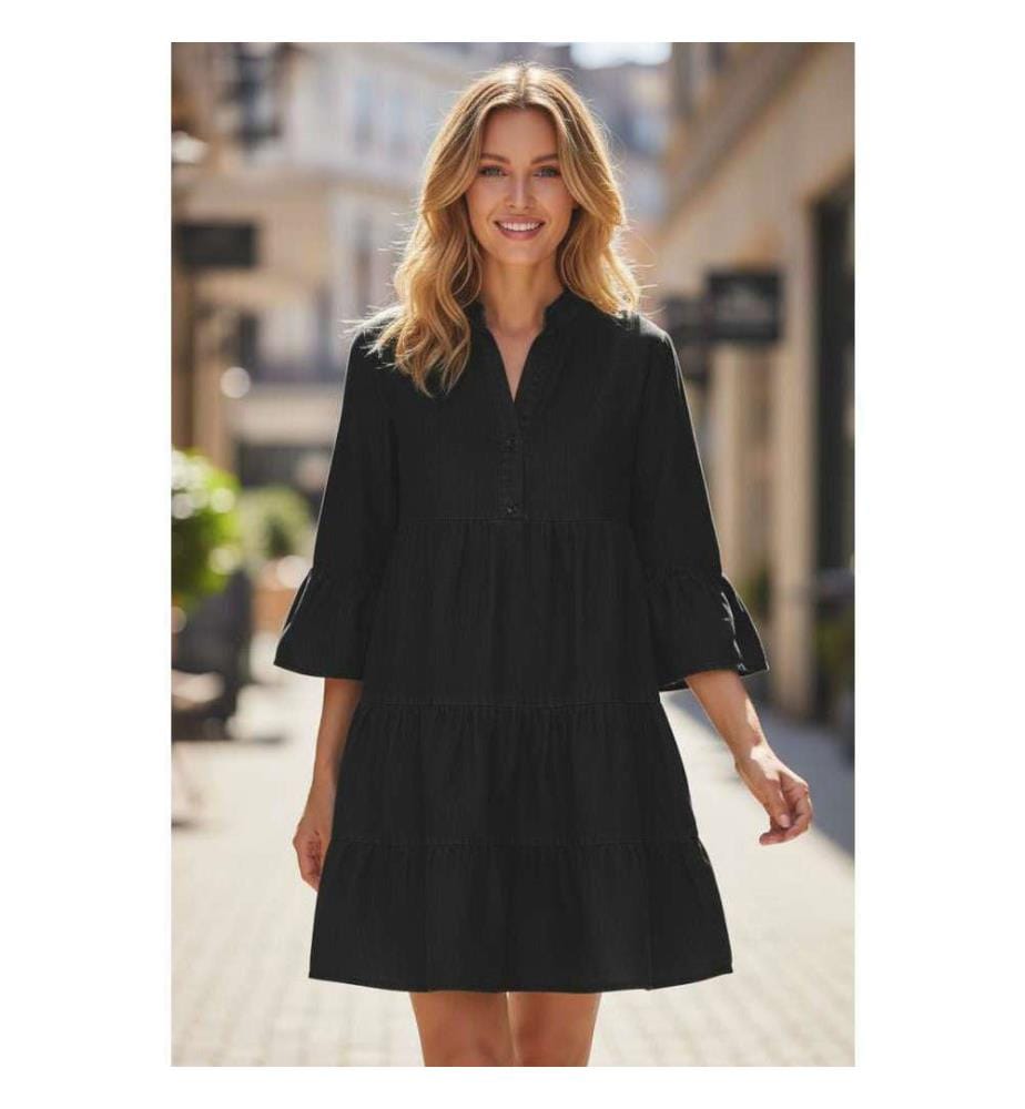 Schwarzer Chambray-Minikleid mit Rüschen und 3/4-Ärmeln Mehrstufig Mit Gespaltenem V-Ausschnitt - Black