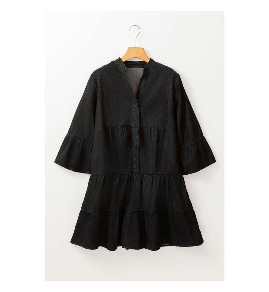 Schwarzer Chambray-Minikleid mit Rüschen und 3/4-Ärmeln Mehrstufig Mit Gespaltenem V-Ausschnitt - Black