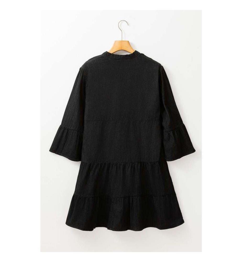 Schwarzer Chambray-Minikleid mit Rüschen und 3/4-Ärmeln Mehrstufig Mit Gespaltenem V-Ausschnitt - Black
