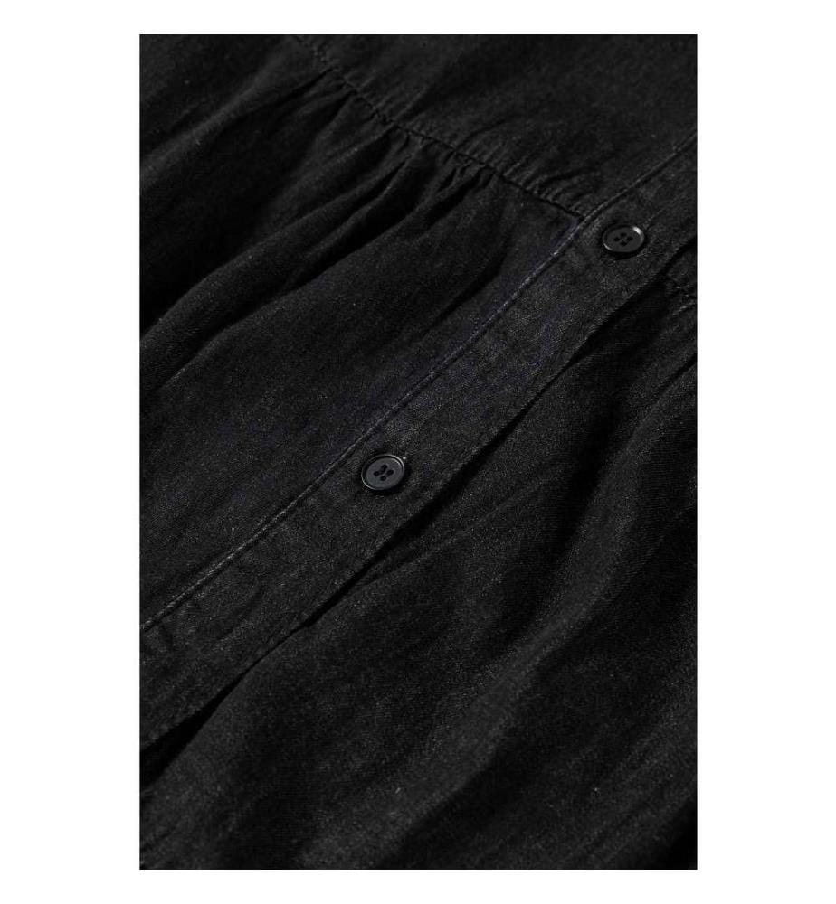 Schwarzer Chambray-Minikleid mit Rüschen und 3/4-Ärmeln Mehrstufig Mit Gespaltenem V-Ausschnitt - Black