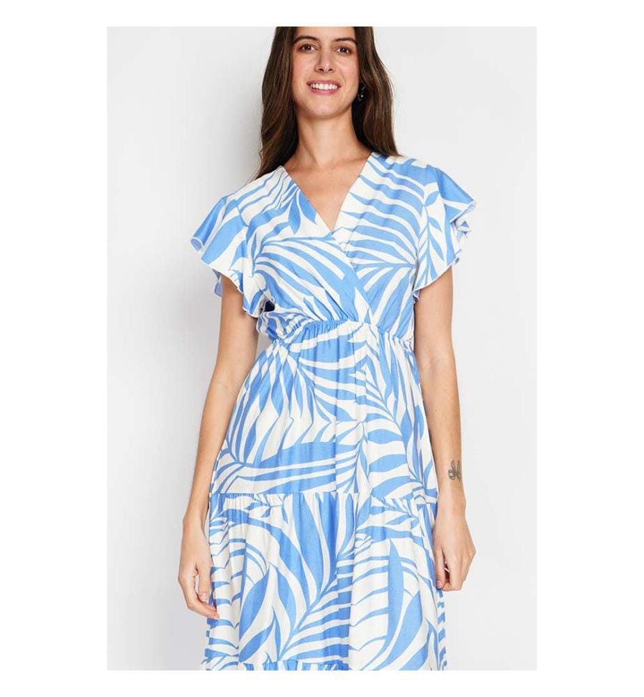 Robe Midi à Manches Courtes Élastique à La Taille - Royal