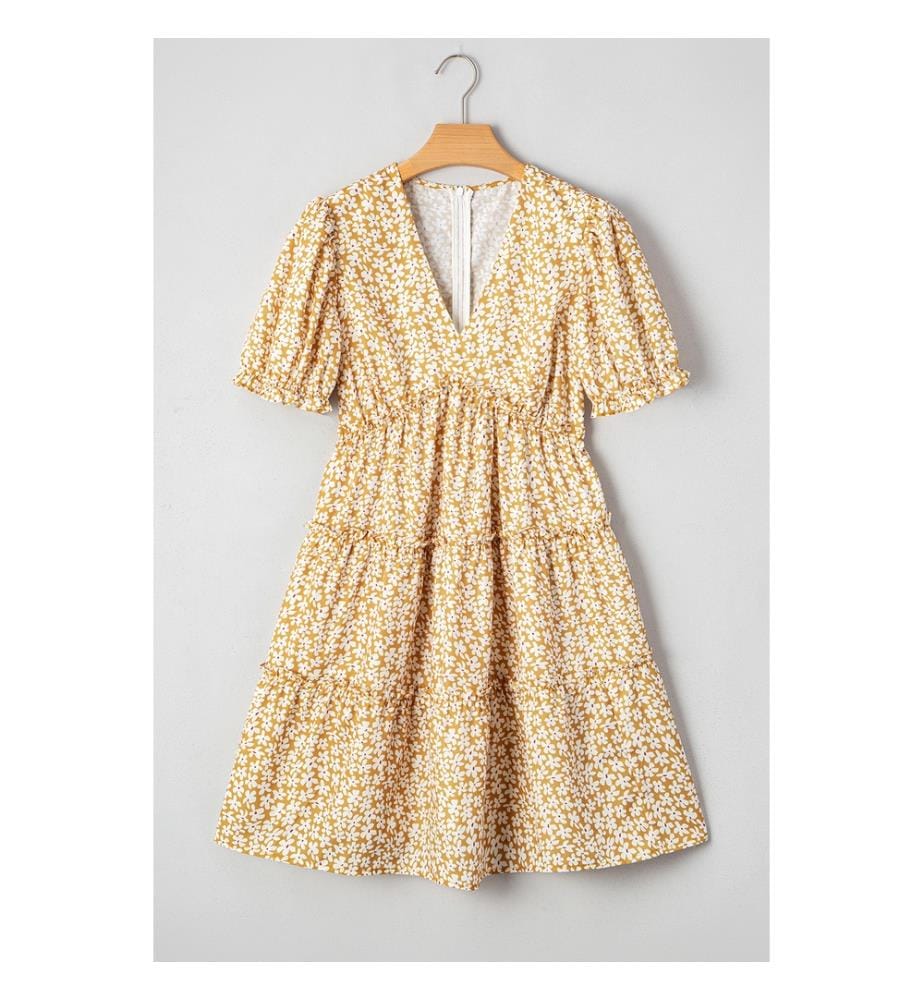 Kurzes Kleid mit Volants, kurzen Ärmeln und V-Ausschnitt mit Blumenmuster - Gelb