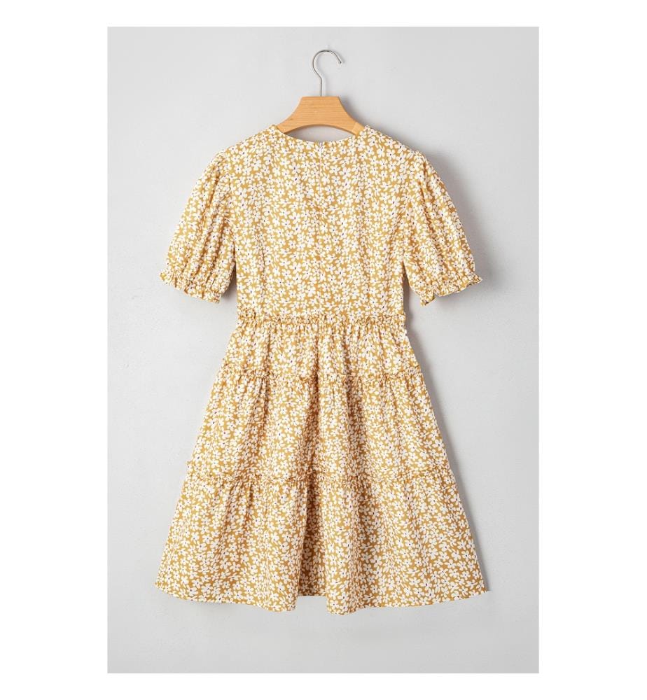 Kurzes Kleid mit Volants, kurzen Ärmeln und V-Ausschnitt mit Blumenmuster - Gelb
