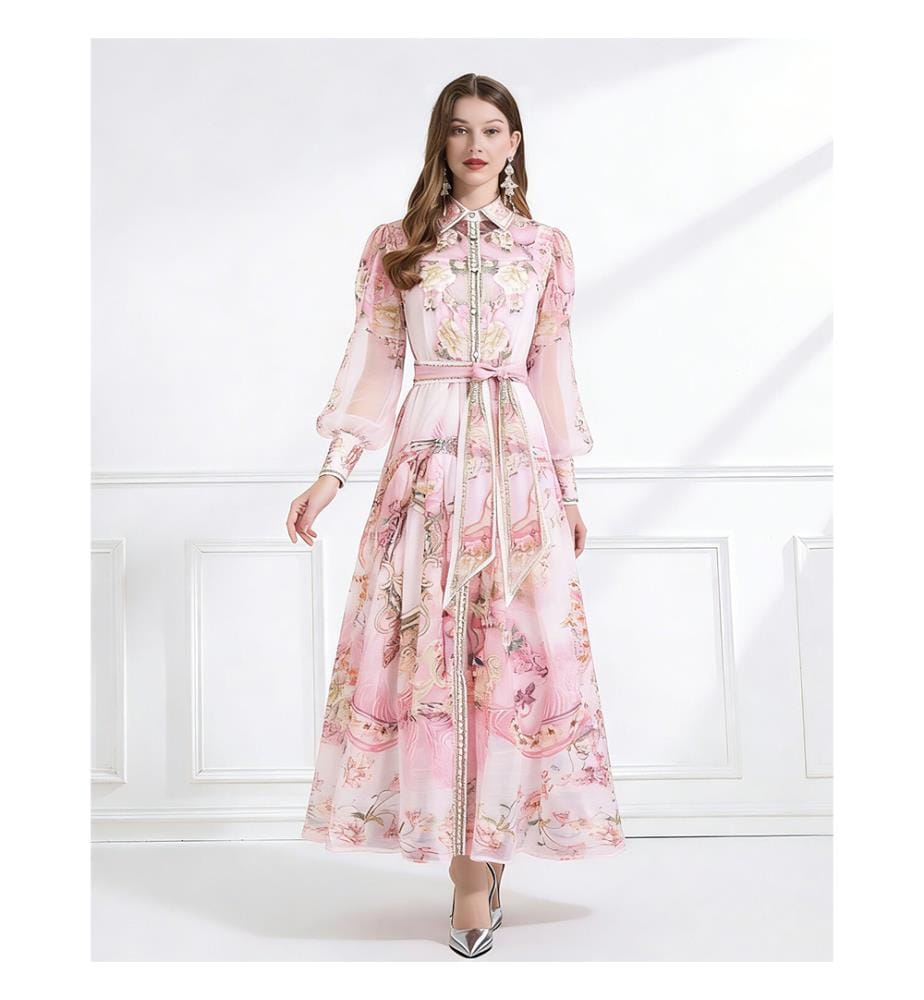 Robe longue en mousseline imprimée Enchanted Garden - Rose
