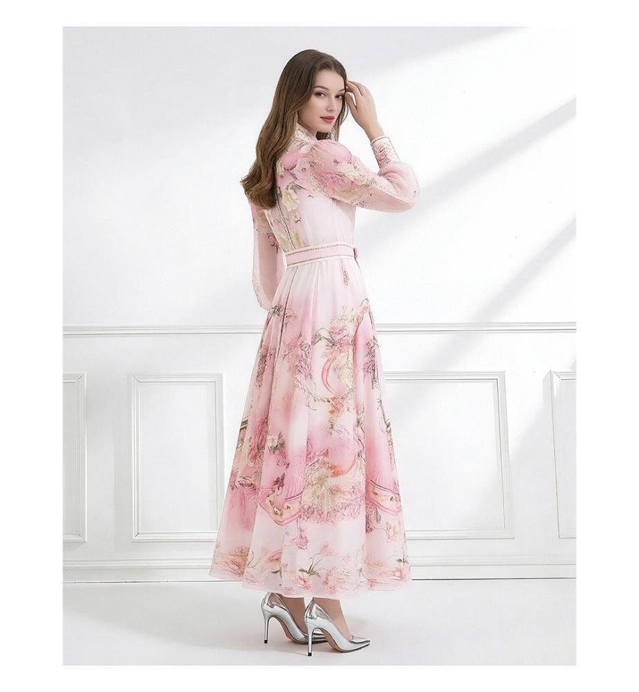 Robe longue en mousseline imprimée Enchanted Garden - Rose
