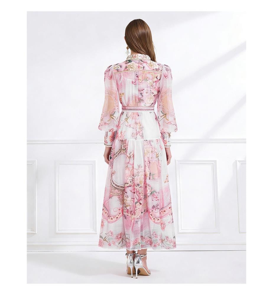 Robe longue en mousseline imprimée Enchanted Garden - Rose