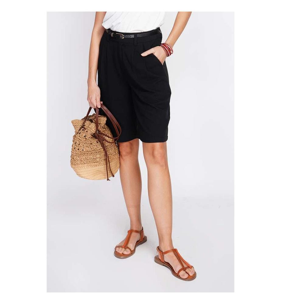 High-Waisted, Straight-Cut Bermuda Shorts with Side Pocket - Black