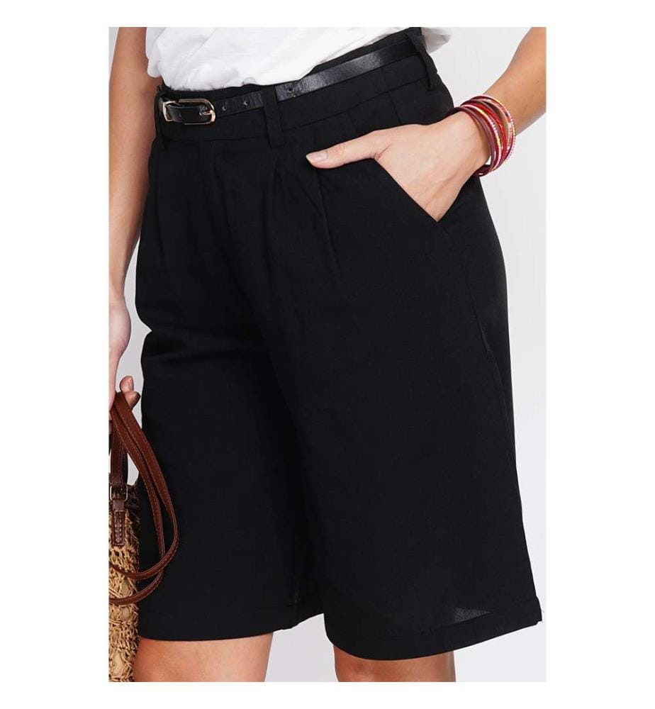 High-Waisted, Straight-Cut Bermuda Shorts with Side Pocket - Black