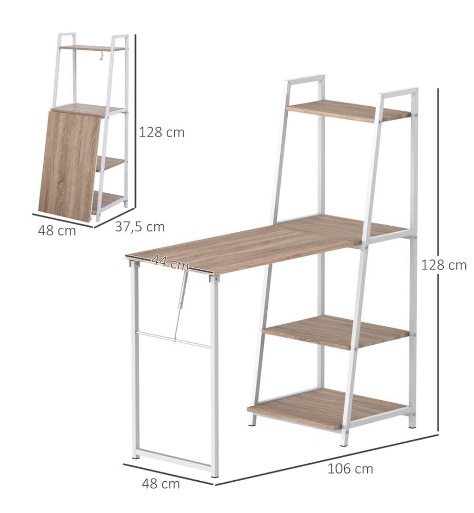 Scrivania pieghevole con libreria a 4 ripiani 106x48x128 cm