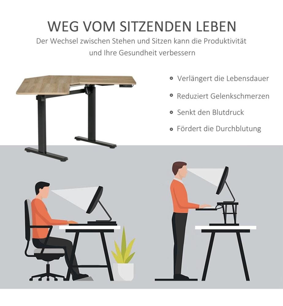 Stehpult Elektrischer Eck-Schreibtisch Natur Weiss 167 cm x 101 cm x 122 cm
