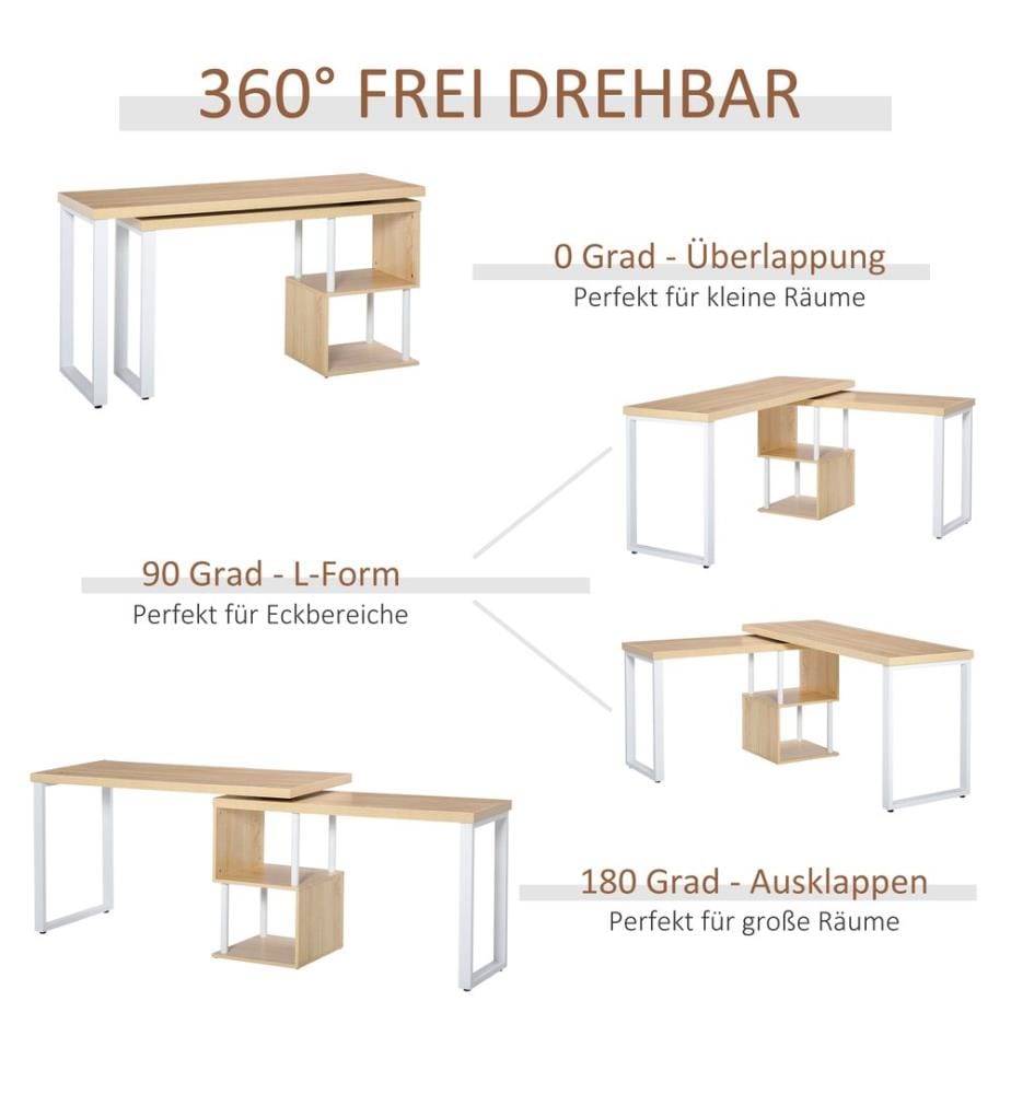 Eckschreibtisch L-Schreibtisch mit Ablagen 360° drehbar 220x55x76 cm