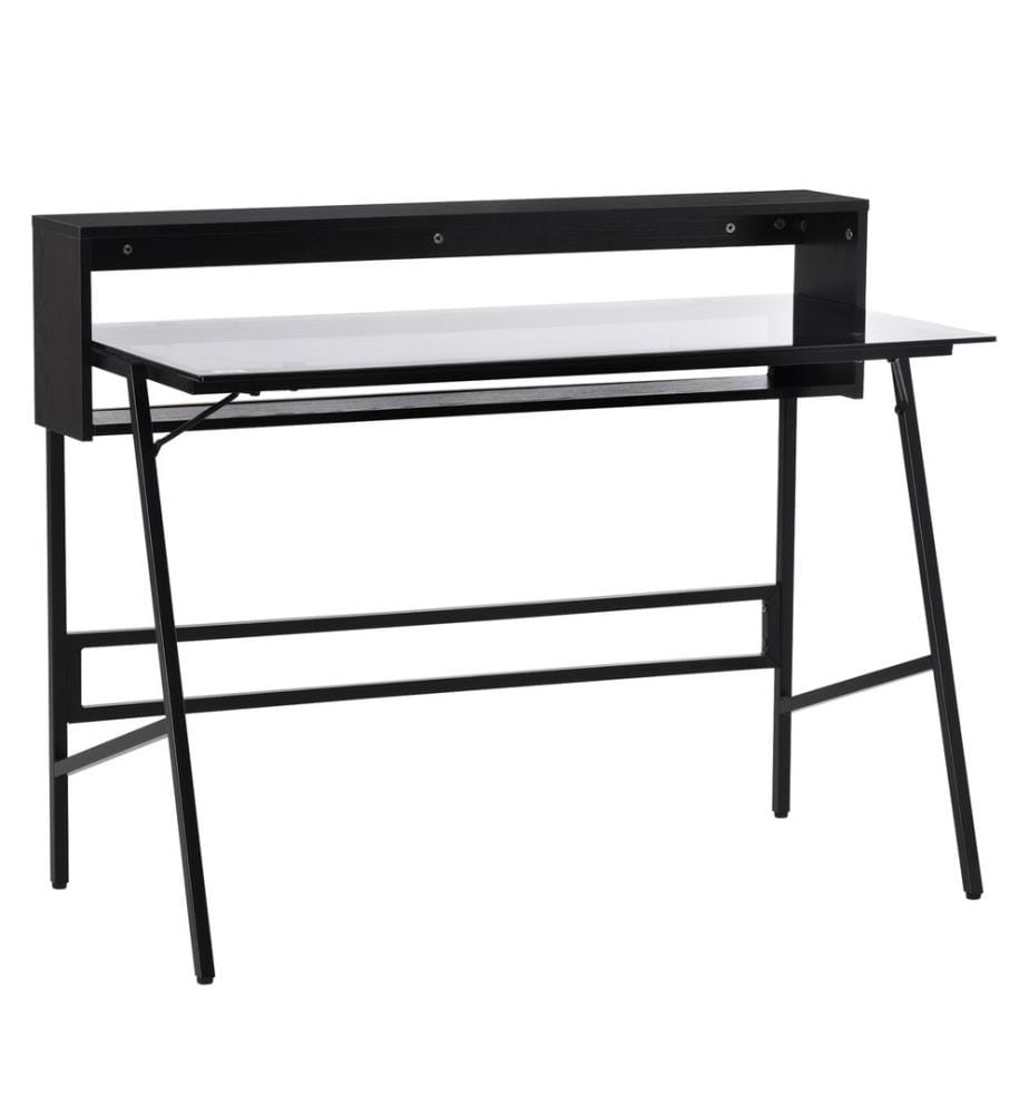 Scrivania moderna con piano in vetro e ripiani, 115x55x90 cm