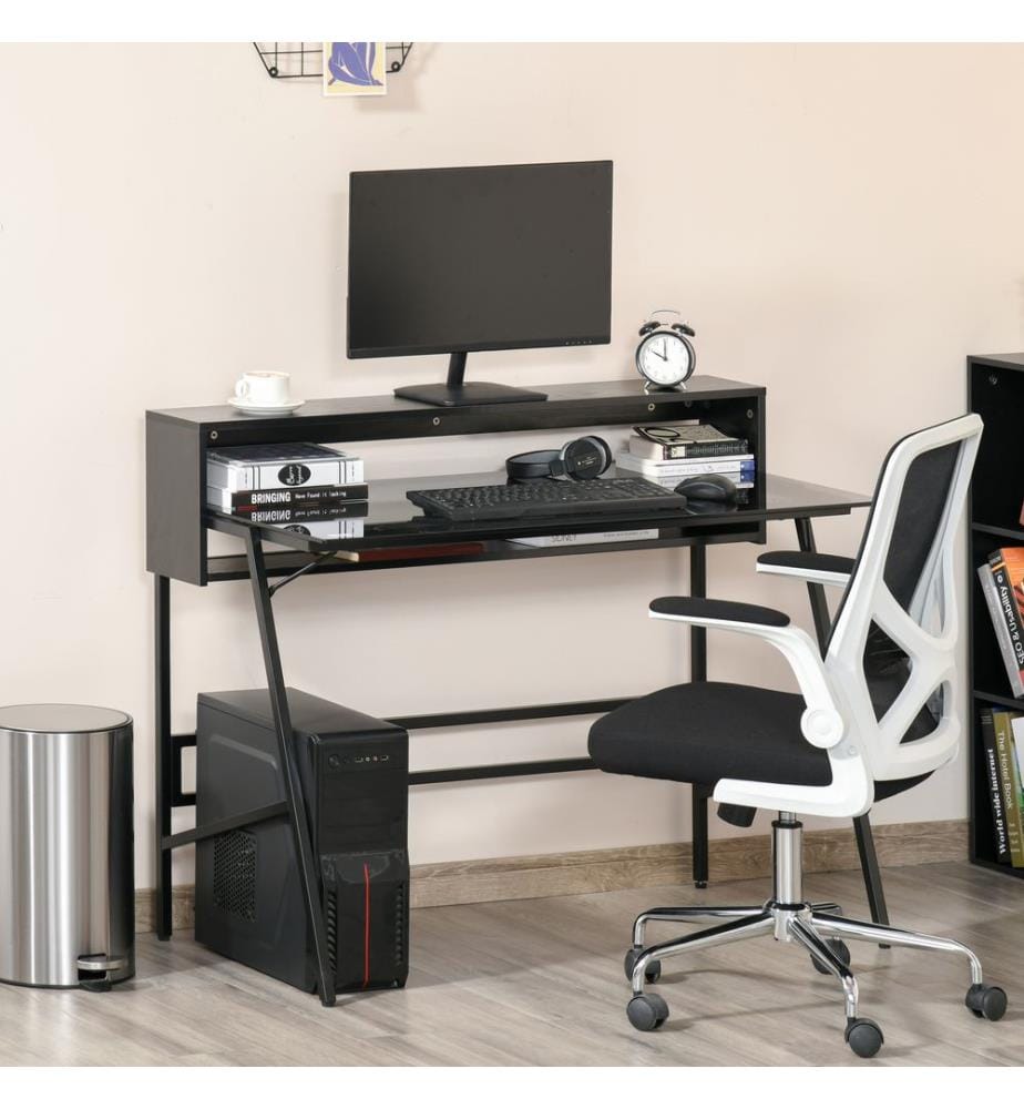 Scrivania moderna con piano in vetro e ripiani, 115x55x90 cm