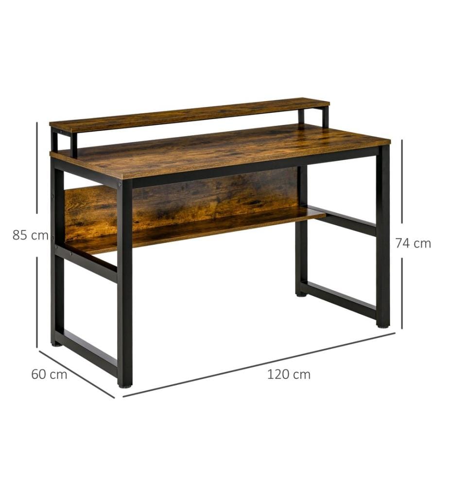 Scrivania per computer con ripiano, stile rustico, marrone, 120x60x85 cm