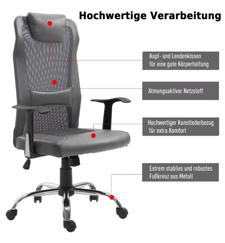 Sedia da ufficio ergonomica in ecopelle grigia 66x73x108-118 cm