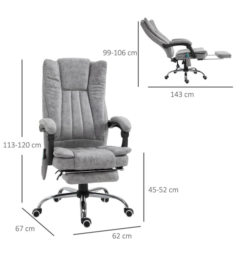 Fauteuil de bureau avec fonction massage, chauffage, repose-pieds, rembourrage épais, gris