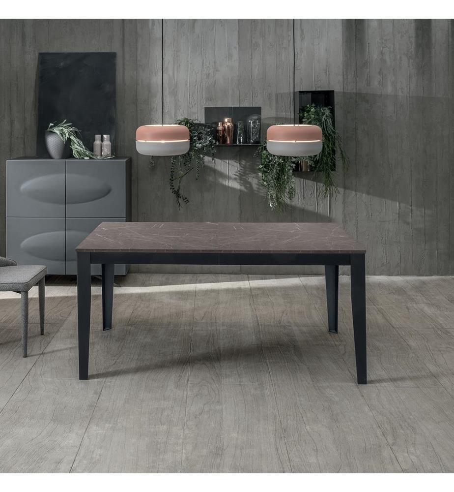 Grosser ausziehbarer Tisch 130/290x80 cm - Anthrazitmarmor und Schwarz