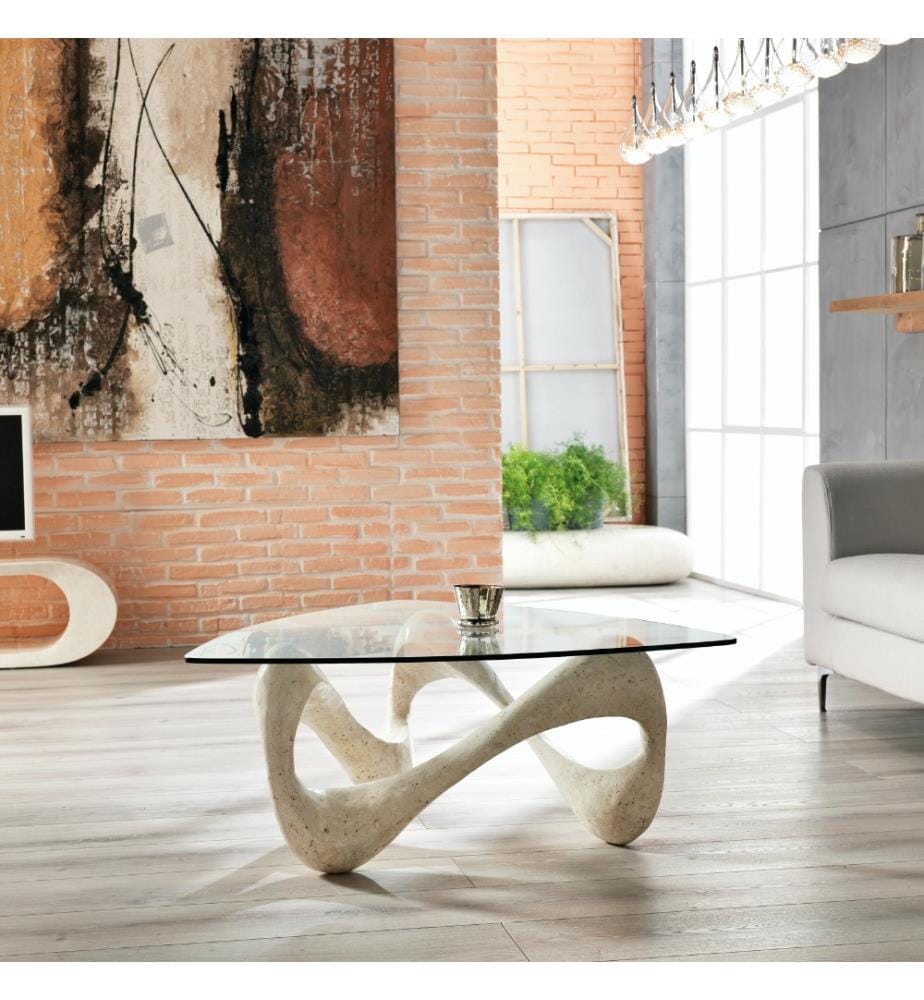 Tetris Table basse en pierre fossile 80x 41,5 cm Plateau en verre 100x100 cm